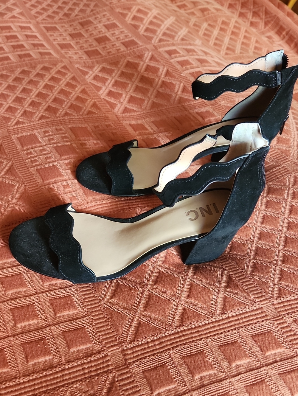 INC International Concepts Black Scalloped Suede Block Heel Sandals